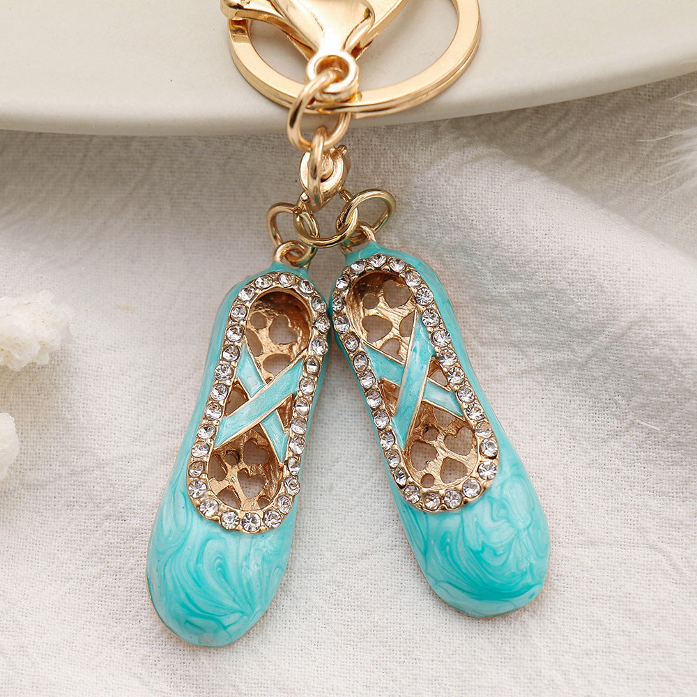 Alloy Ballet Shoes Keychain Marbled Turquoise Rhinestone Hearts 3