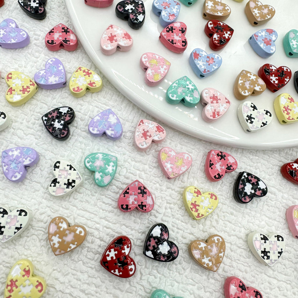Heart Metal Beads 12mm Baking Painted Puzzle Pattern Enamel 10pcs 3