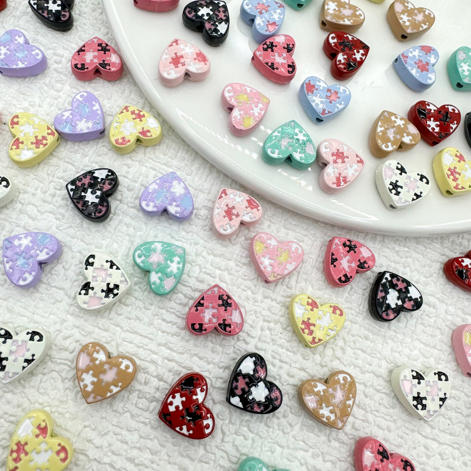 Heart Metal Beads 12mm Baking Painted Puzzle Pattern Enamel 10pcs 3