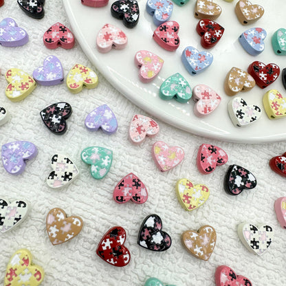 Heart Metal Beads 12mm Baking Painted Puzzle Pattern Enamel 10pcs 3