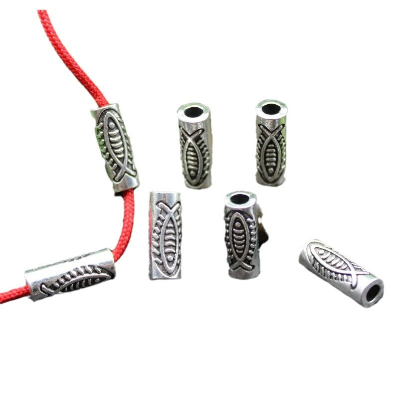 Tube Metal Beads 13x4mm Tibetan Fish Patterned Silver Tone 100pcs 4