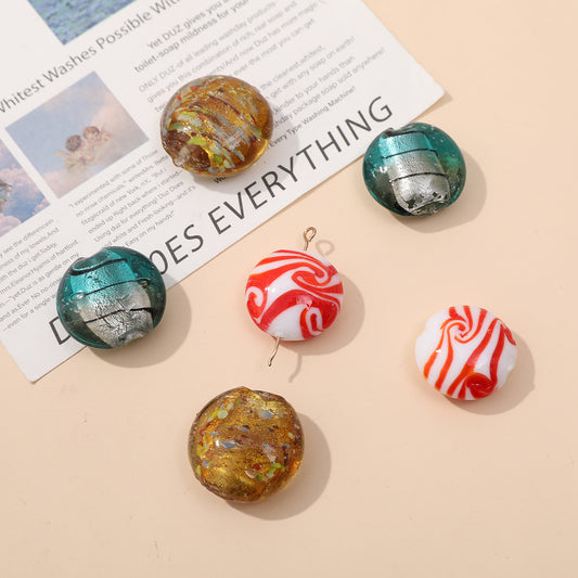 Vintage Flat Round Lampwork Glass Beads 20mm Multicolor Swirl 4pcs
