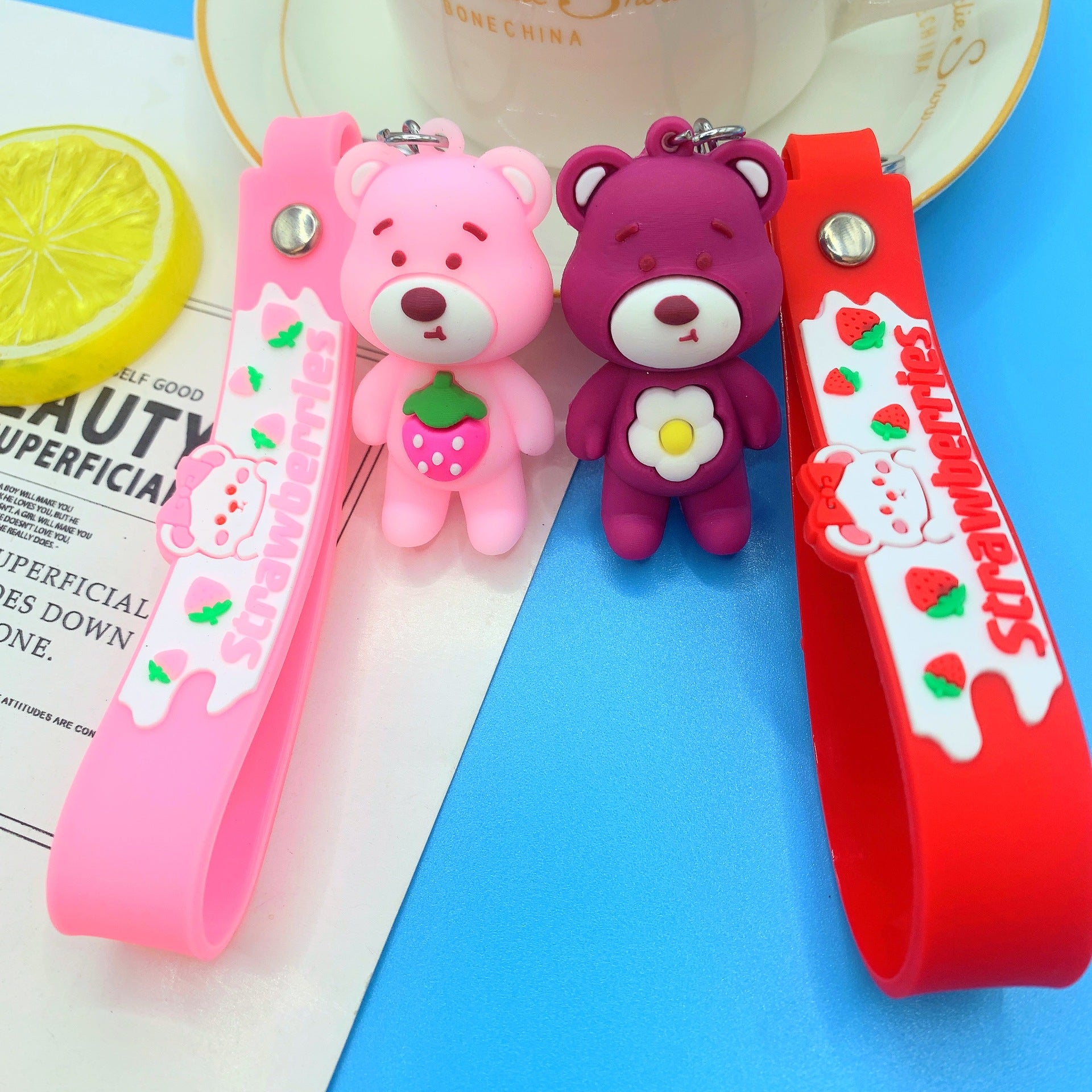 Silicone Bear Couple Keychain Pink and Burgundy with Strawberry and Flower Charm 4