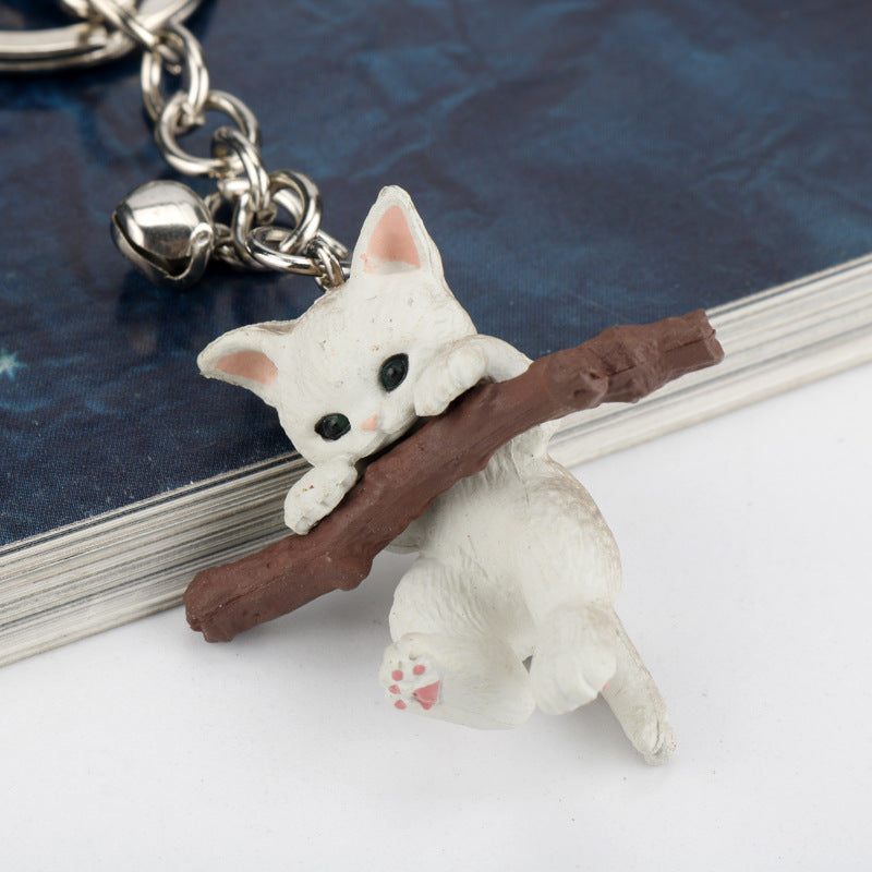 Resin Cat Keychain Cartoon Playful White Kitten with Branch Charm