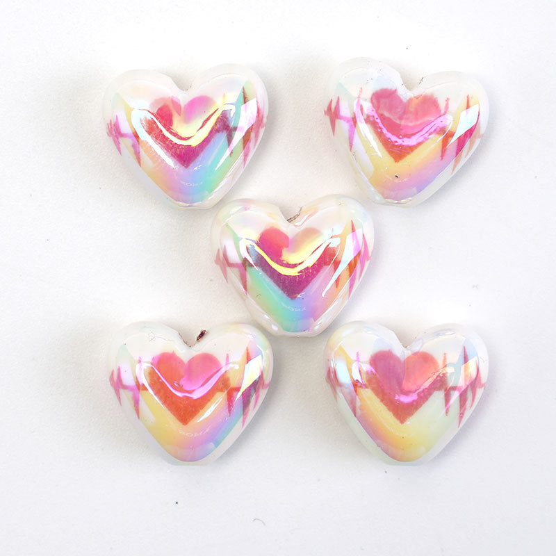 UV Plating Heart Acrylic Beads 17mm Two-Color ECG Pattern 50pcs 10