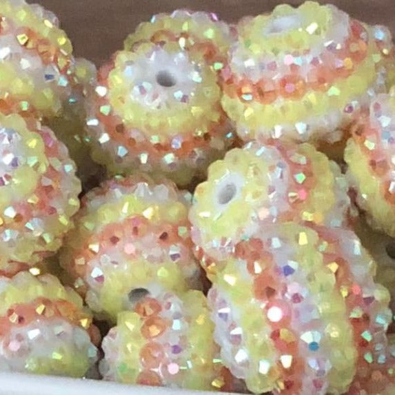 Rhinestone Bubblegum Beads 16-22mm Yellow Orange White Striped Resin 5pcs 2