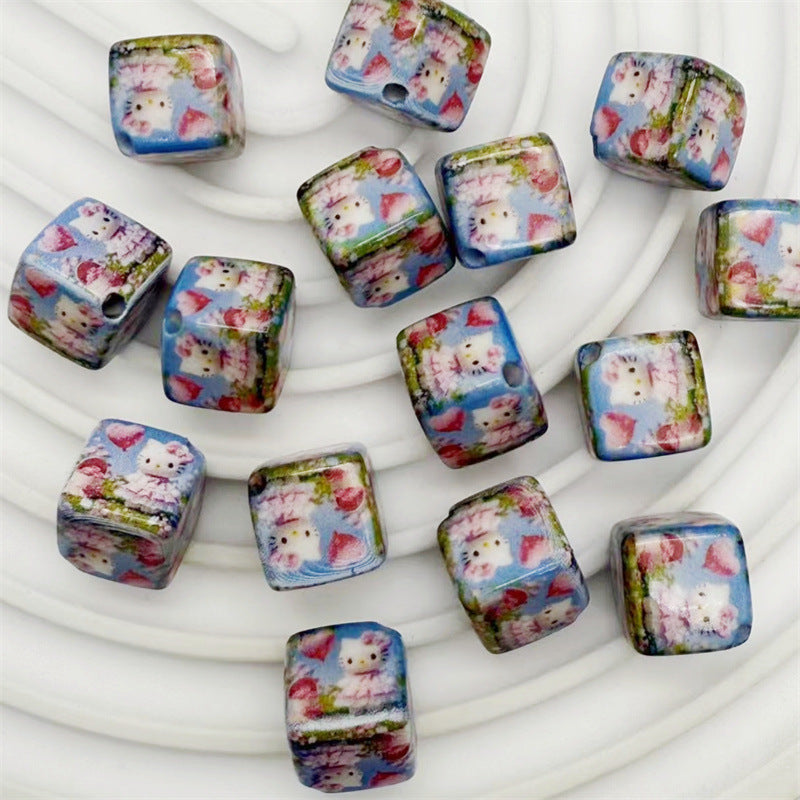Square Acrylic Beads 14mm Diagonal-Hole Mickey and Sanrio Printed 50pcs 8