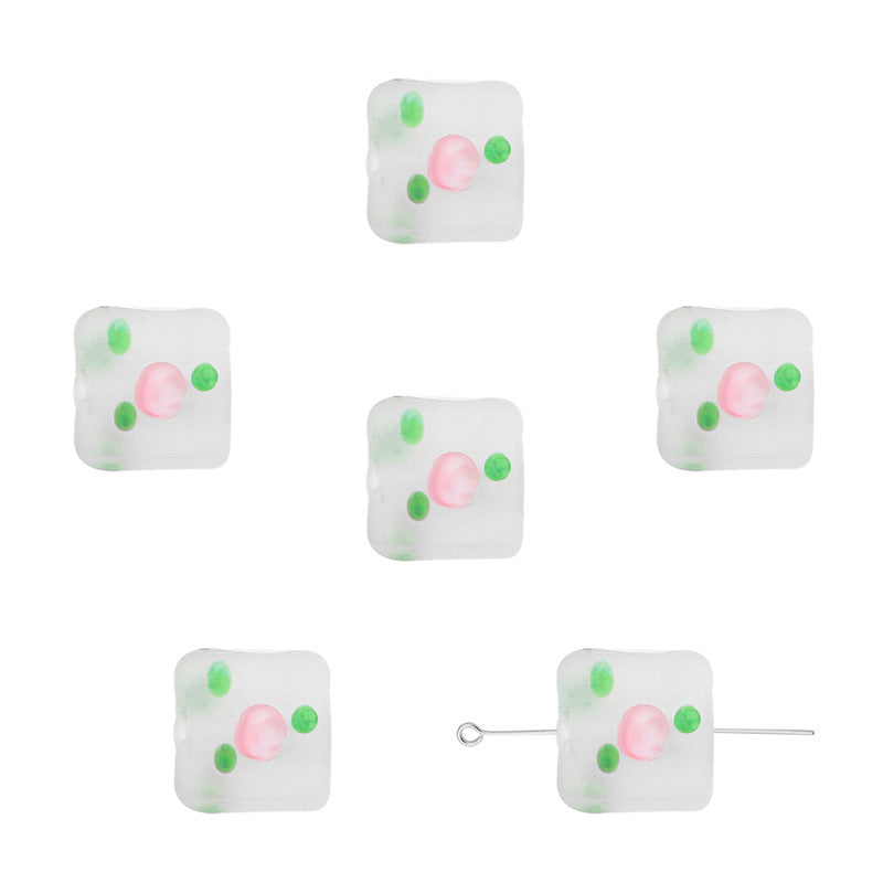 Frosted Square Glass Beads 12mm Hand-Painted Rose Design 4pcs 6