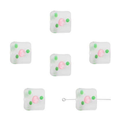 Frosted Square Glass Beads 12mm Hand-Painted Rose Design 4pcs 6