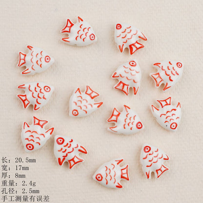 Hand Painted Fish Ceramic Beads Tropical Colorful 5pcs 9