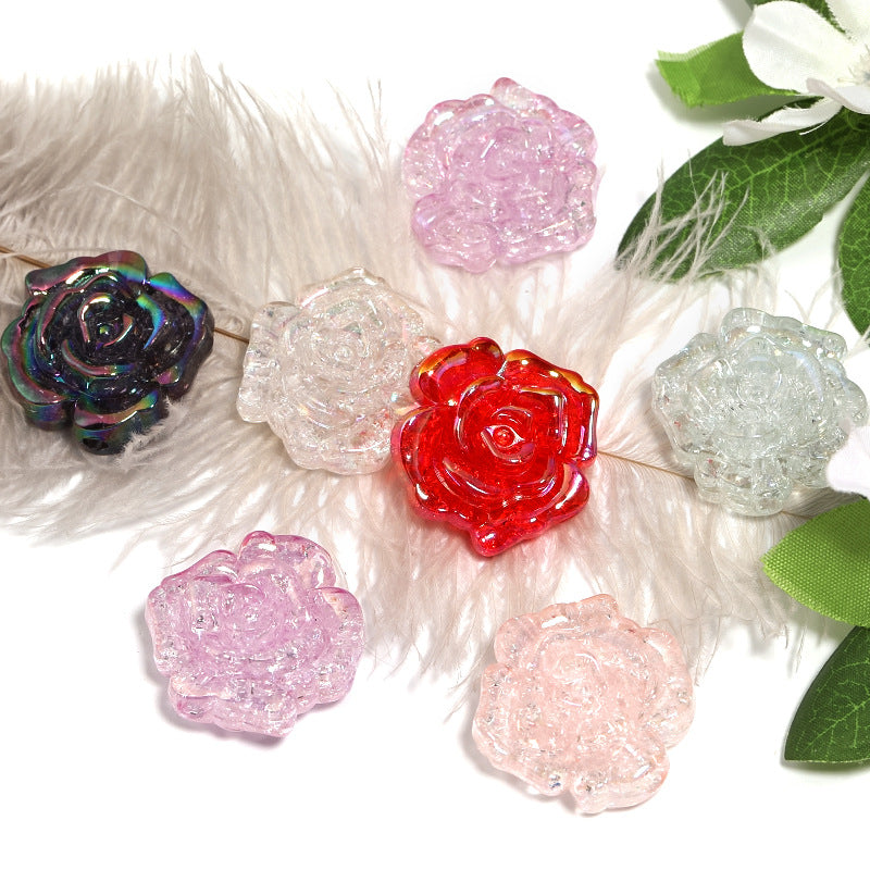 Plating Crackle 3D Rose Acrylic Beads 30x15mm Mixed Colors 50pcs 3