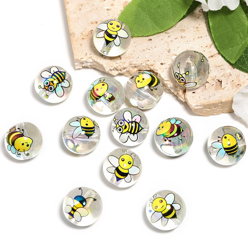 Transparent Round Acrylic Beads 16mm Cartoon Bee Printed 50pcs 4