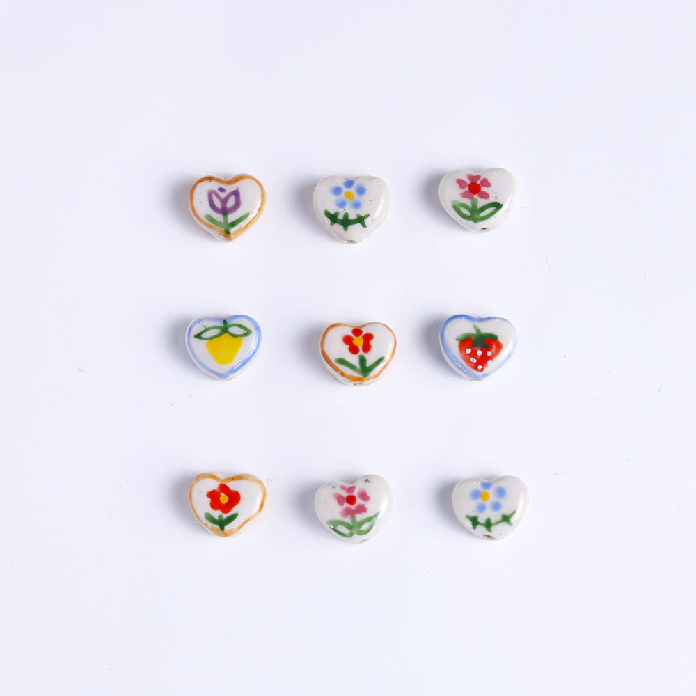 Hand Painted Heart Ceramic Beads 14mm Floral Pattern 5pcs 5