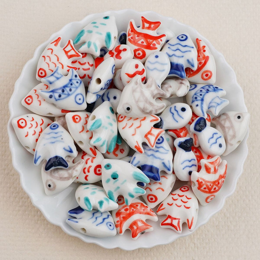 Hand Painted Fish Ceramic Beads Tropical Colorful 5pcs