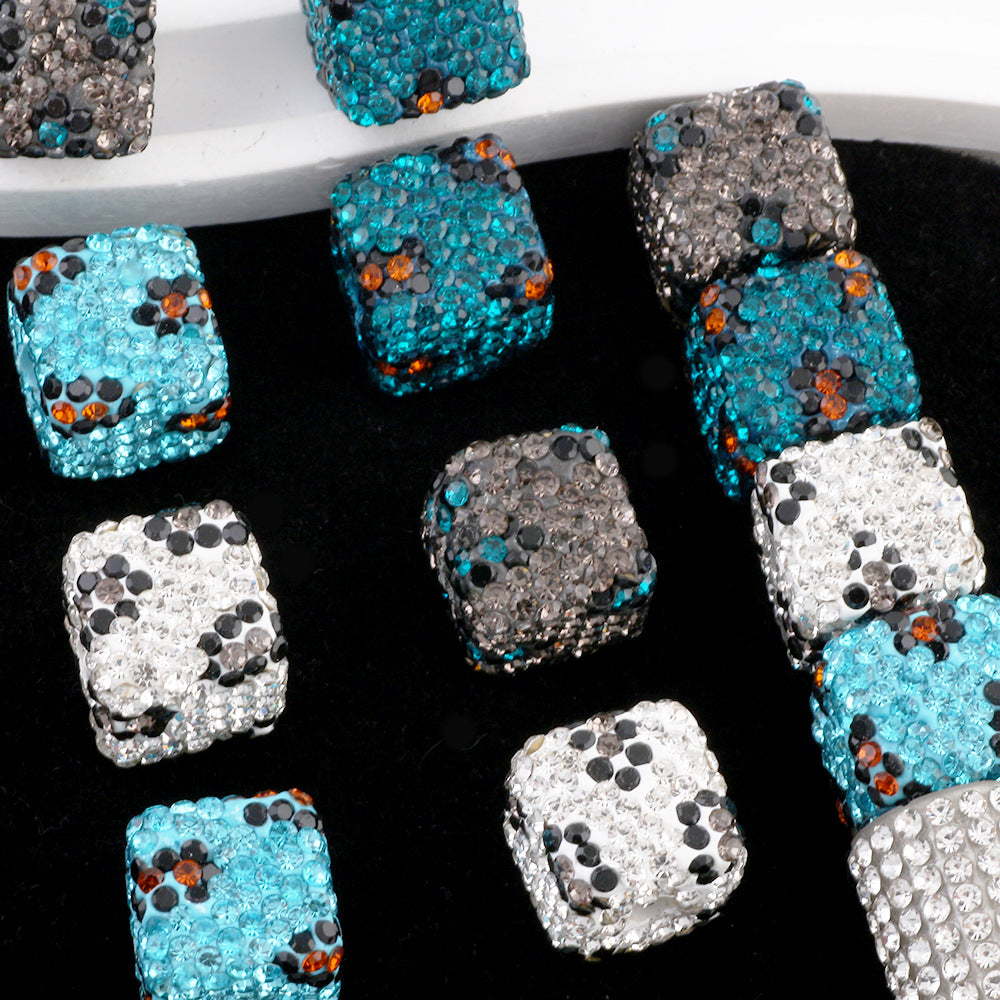 Polymer Clay Square Rhinestone Beads 14mm Blue Grey Leopard 3pcs 3