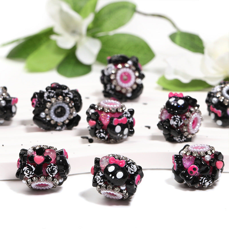 Halloween Skull Bow Acrylic Beads 26mm Pink Rhinestone 10pcs