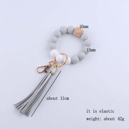 Octagonal Silicone Bead Wristlet Keychain Matte Beech Wood Tassel 5