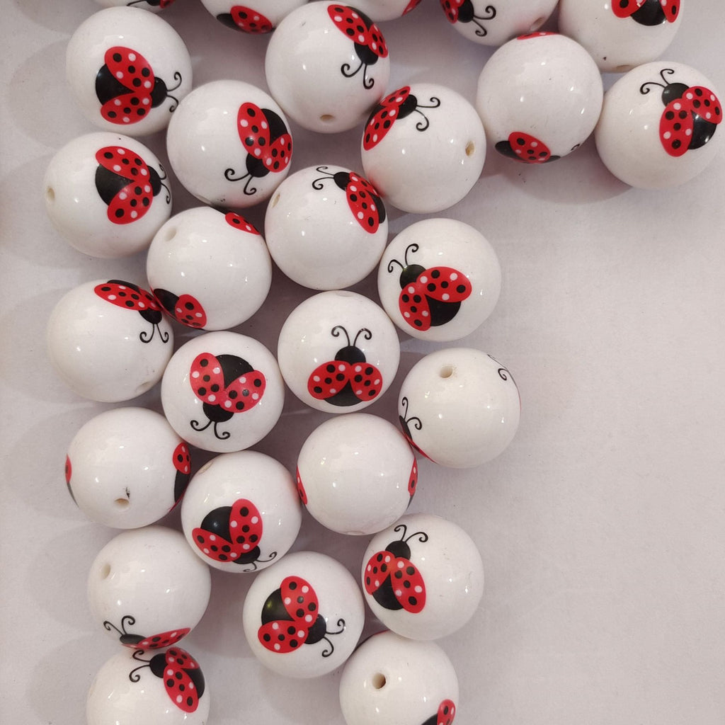 Printed Bubblegum Beads 20mm Ladybug Design Red 5pcs