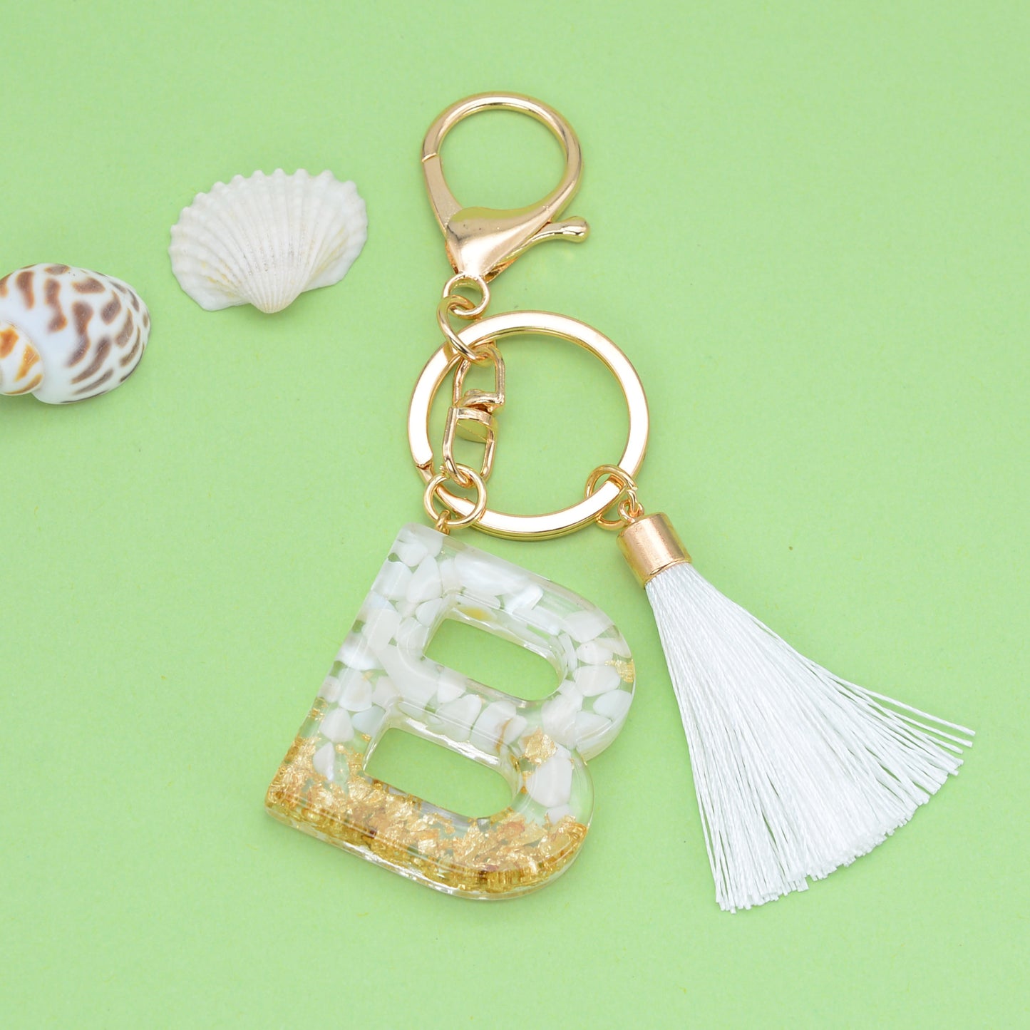 Tassel Letter A Keychain Resin Gold Flakes White Tassel 31
