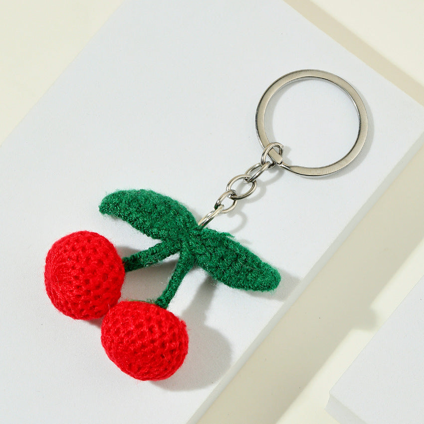 Knitted Cherry Crochet Keychain Plush Red Fruit Design 3