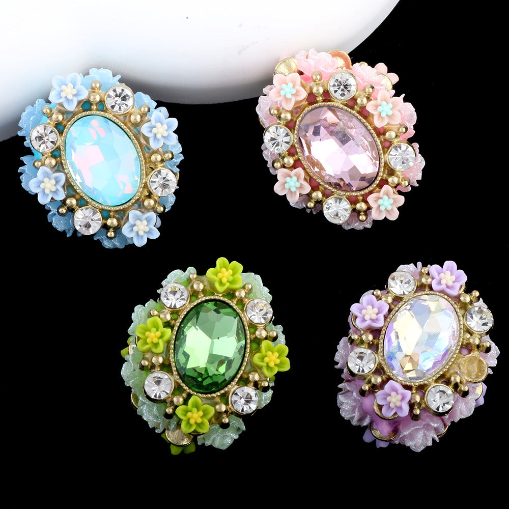 Vintage Flower Wrapped Clay Beads 28mm Oval Rhinestone 2pcs