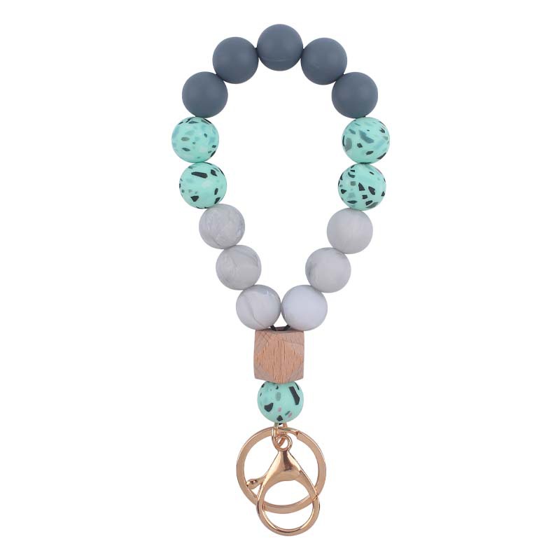 Leopard Wood Octagonal Silicone Bead Wristlet Keychain 9