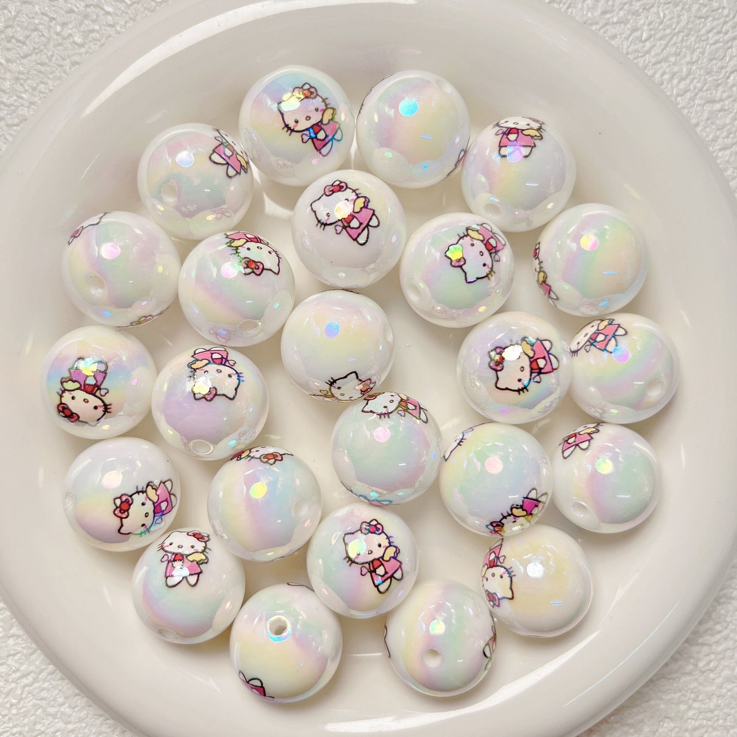 Plated Bubblegum Beads 19mm White Iridescent Sanri Character Prints 5pcs 5