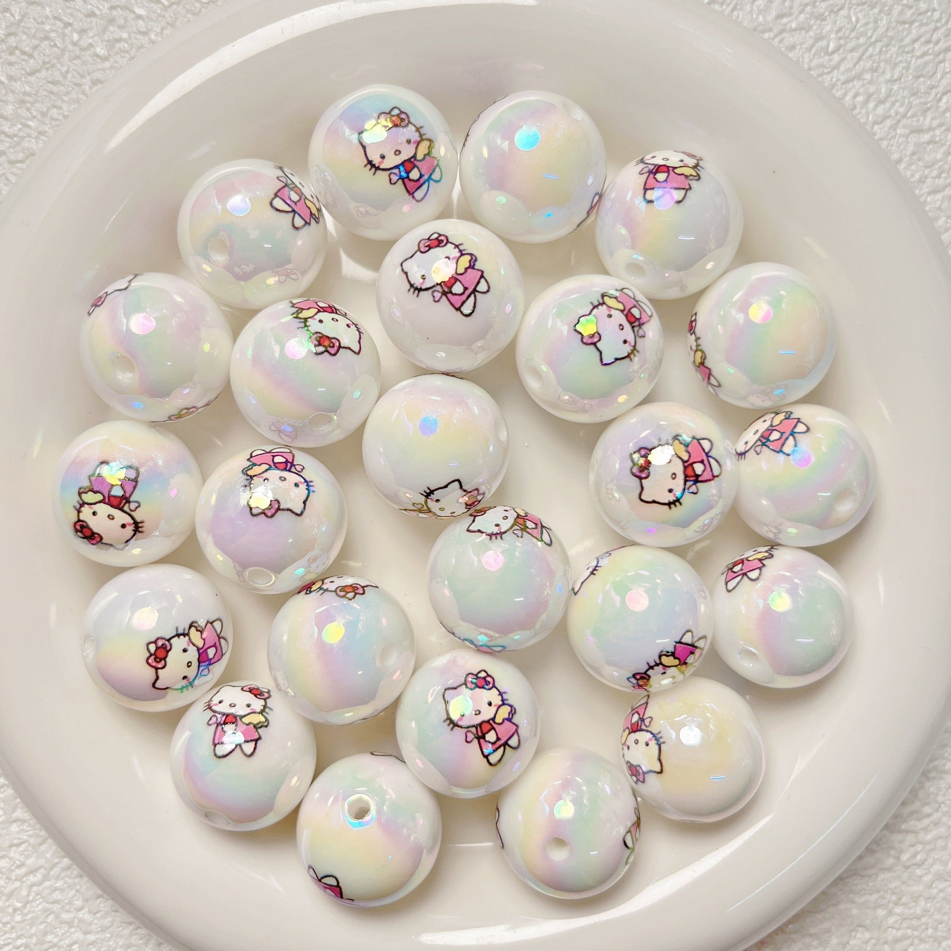 Plated Bubblegum Beads 19mm White Iridescent Sanri Character Prints 5pcs 5