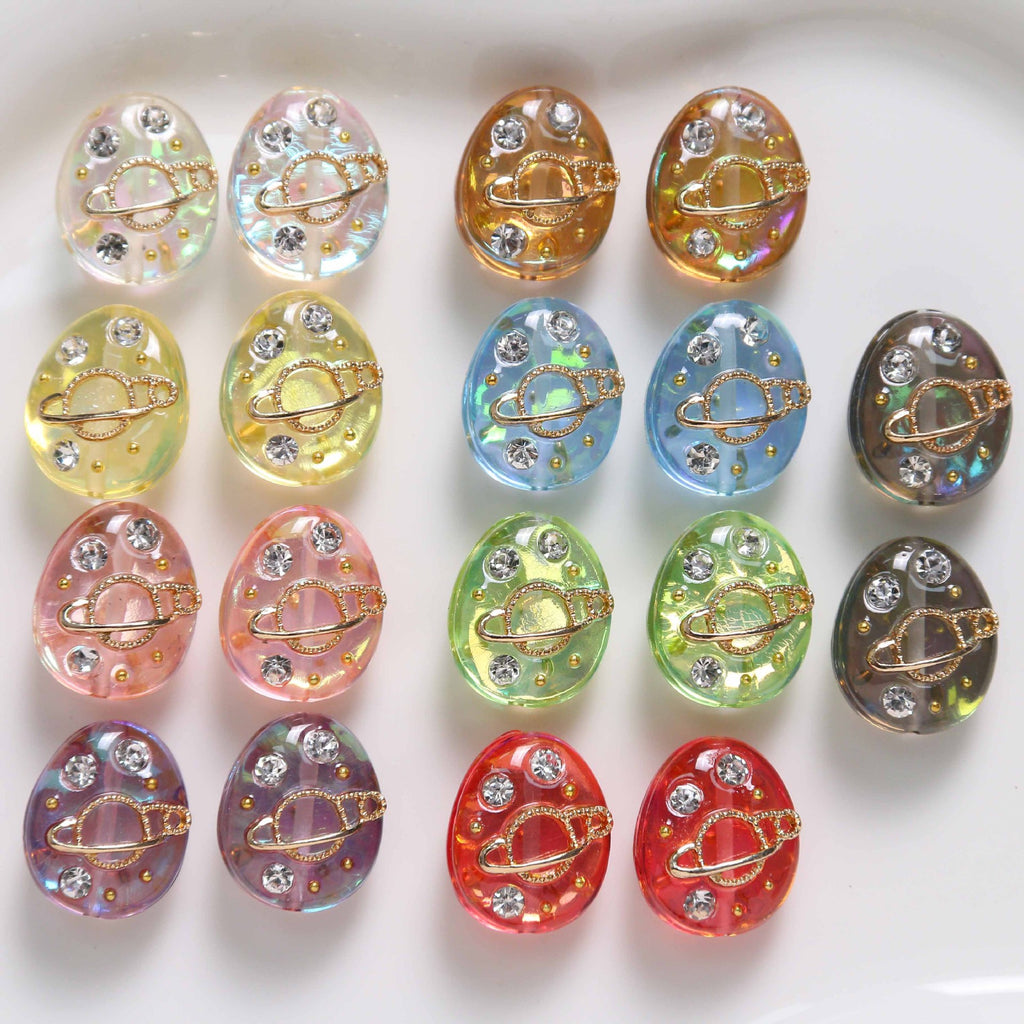 Oval Resin Rhinestone Beads 17x14mm Planet Pattern 5pcs 2