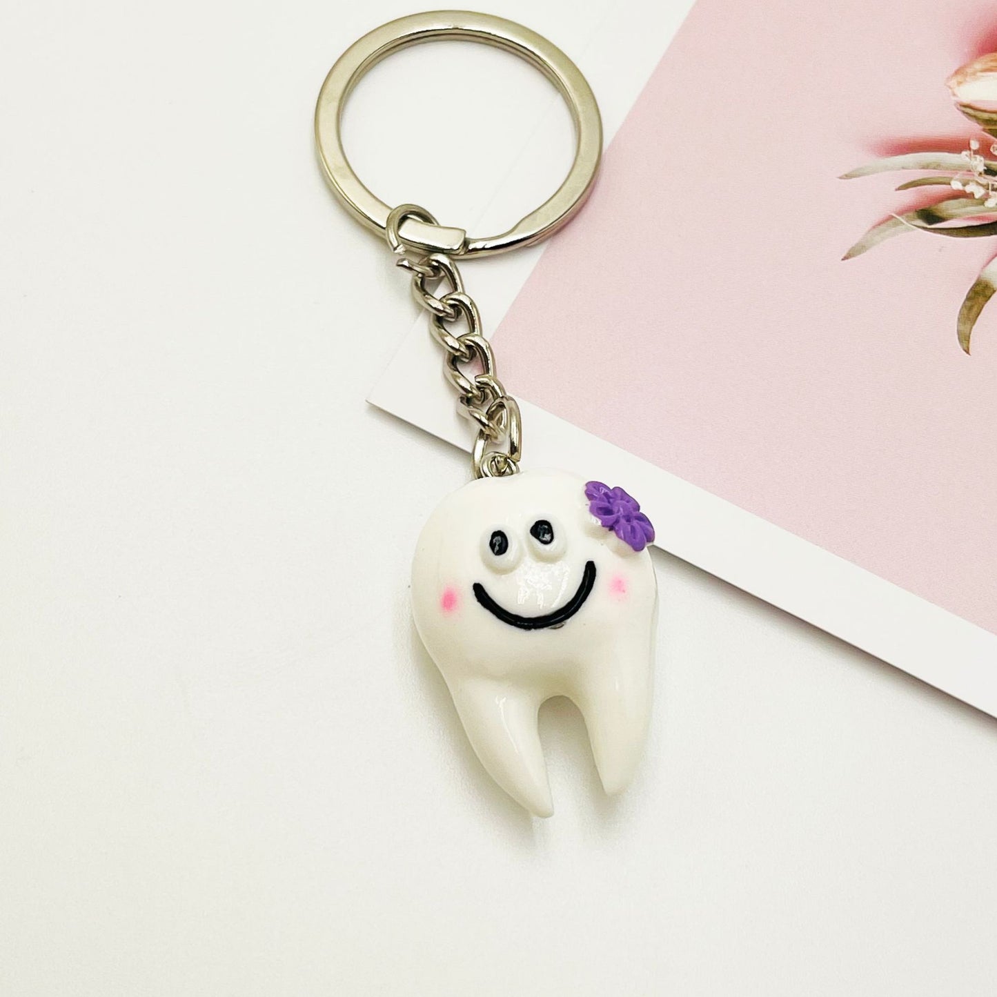 Resin Teeth Keychain Smiling White Tooth with Colorful Flower Charm 8