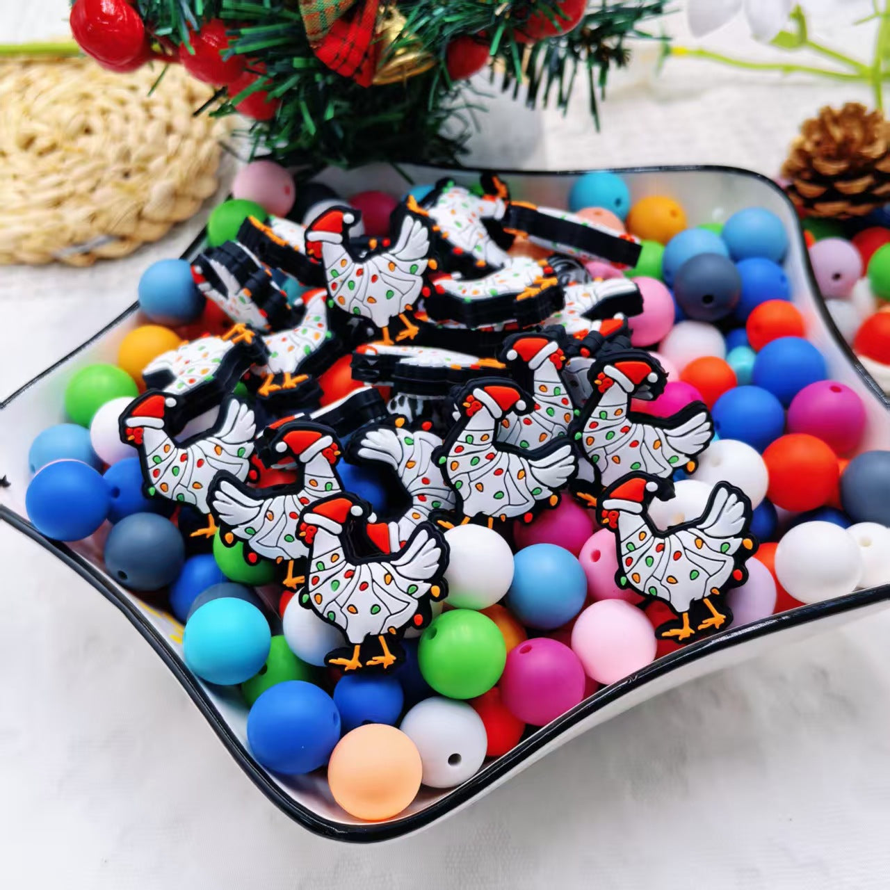 Silicone Focal Beads Christmas Chicken Wearing Santa Hat 20pcs 2