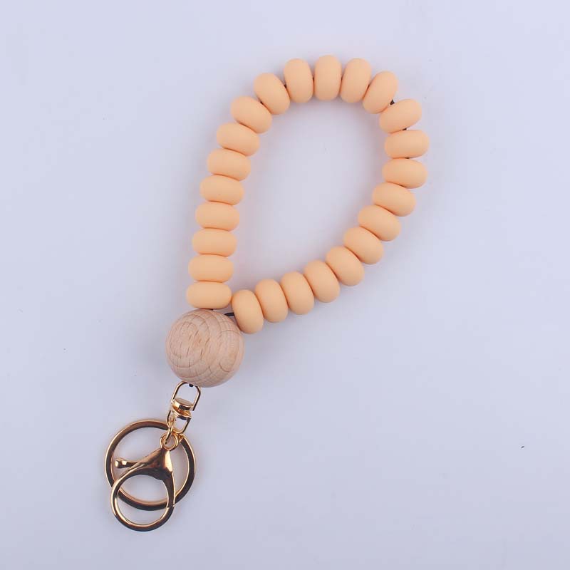 Silicone Beaded Flat Wristlet Keychain with Wood Accent 10