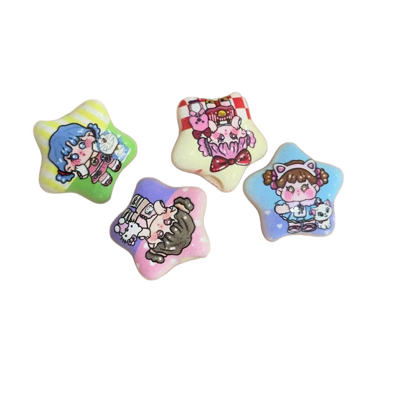 Star Shaped Acrylic Beads 25mm Cartoon Sweet Girl Printed 10pcs