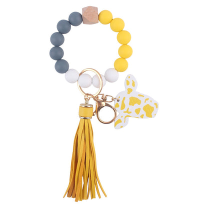 Western Cow Silicone Bead Wristlet Keychain with Faux Leather Tassel 10