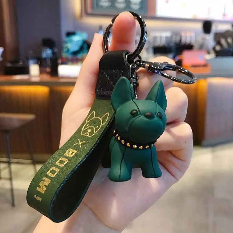 Bulldog Puppy Keychain Resin with Studded Collar and Leather Strap 2