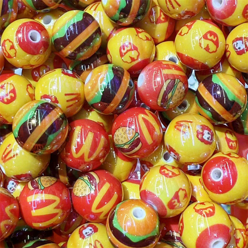 Painted Round Acrylic Beads 16mm McDonald Hamburger Design 100pcs 4