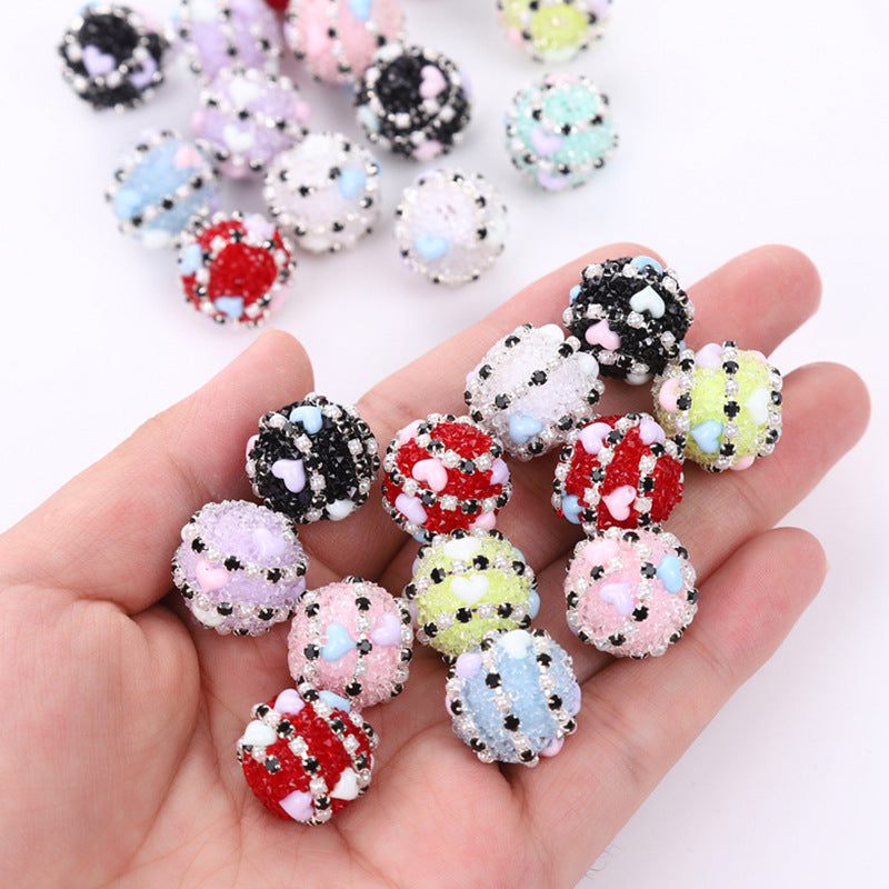 Embellished Bubblegum Beads 16mm Heart Embedded Rhinestone 10pcs 3