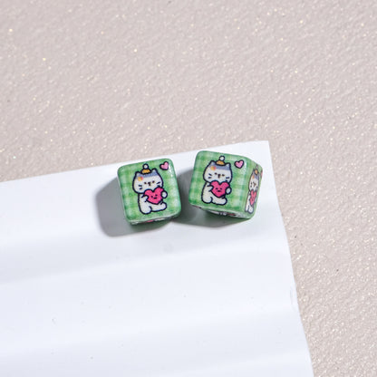 Tiny Cartoon Pattern Printed Acrylic Square Beads 10mm Glossy 30pcs 19