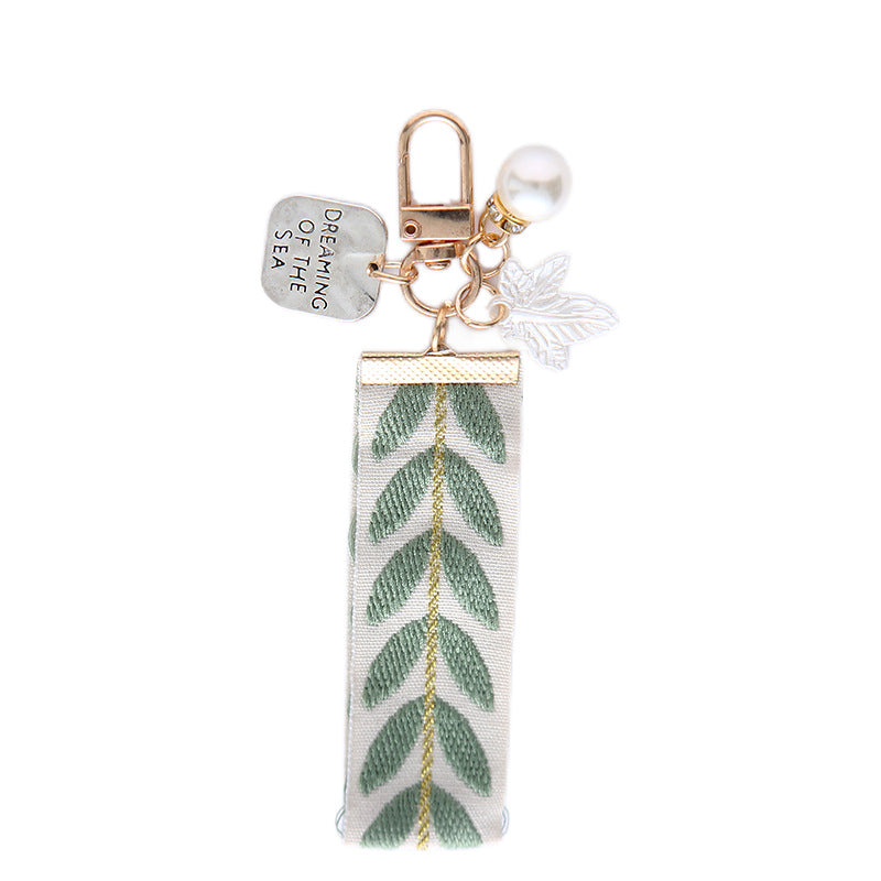 Ribbon Pearl Keychain Alloy Gold Tone Charms Embroidered Leaves 5