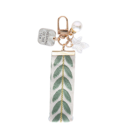 Ribbon Pearl Keychain Alloy Gold Tone Charms Embroidered Leaves 5
