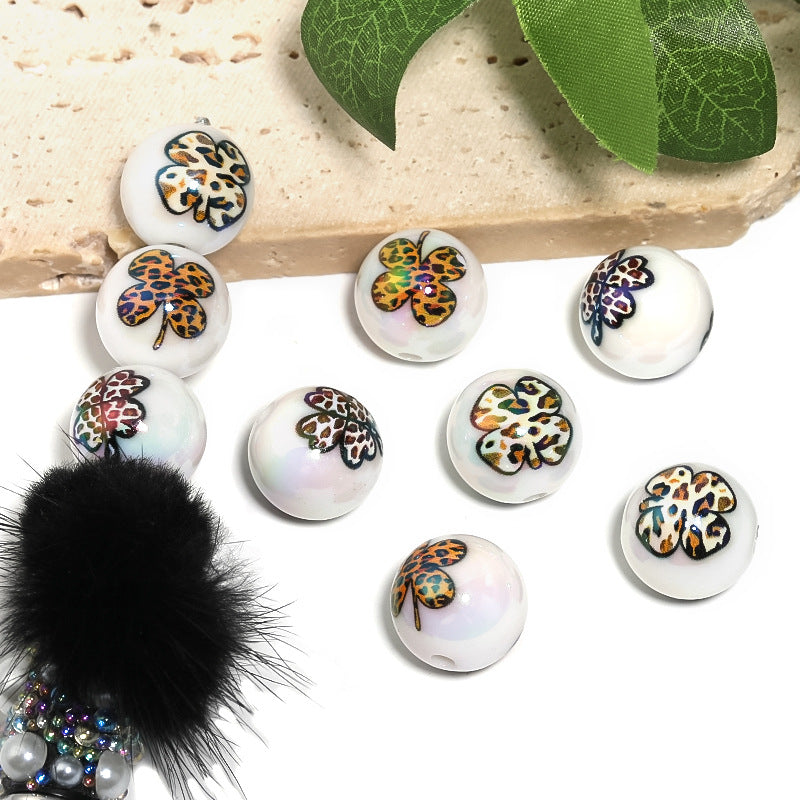 St. Patrick's Day Shamrock Acrylic Beads 16mm UV Plating Polka Dotted Leopard 50pcs 2