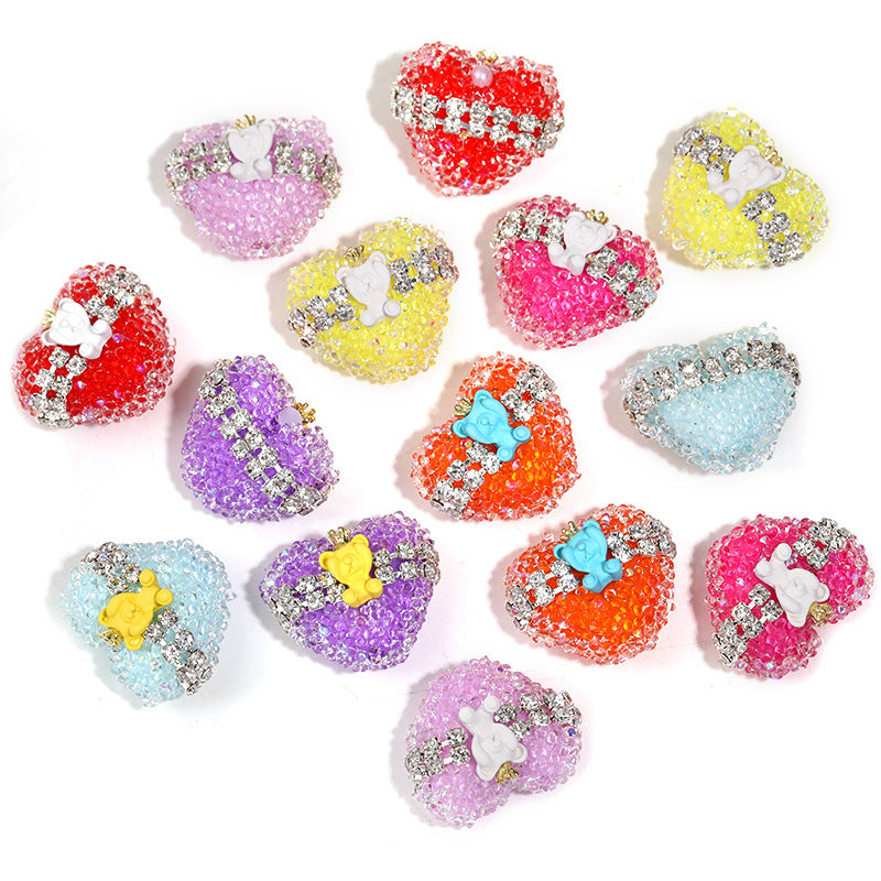 Crown Bear Heart Rhinestone Beads 17x21mm Colorful 5pcs