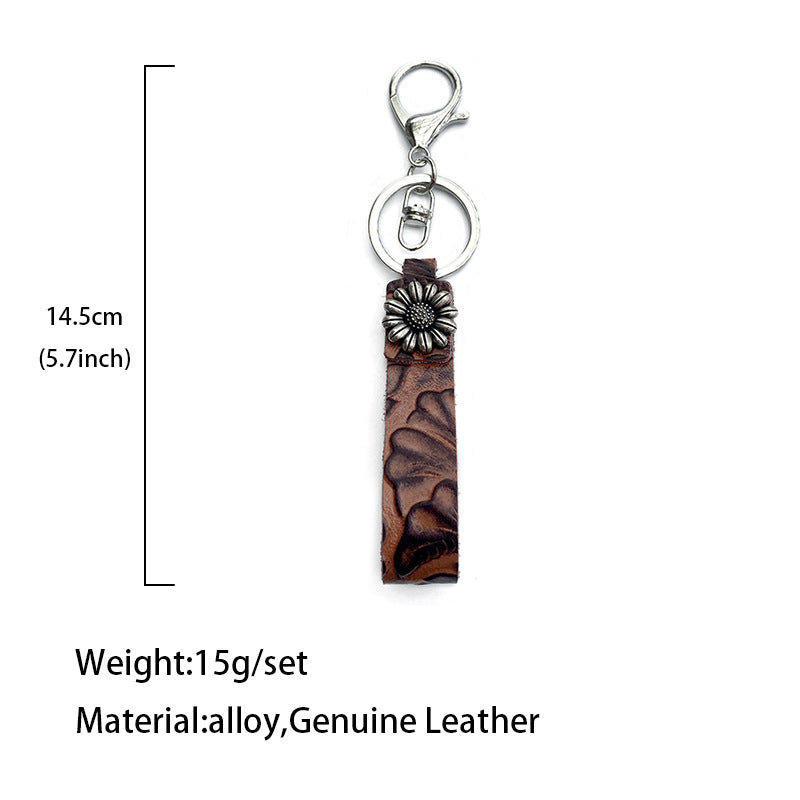 Vintage Embossed Leather Lanyard Keychain Genuine Cowhide 14cm 2pcs 4