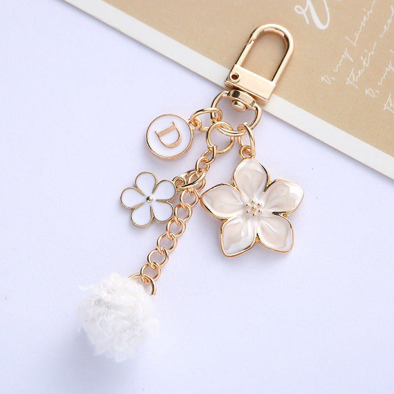 Alloy Flower Keychain with Enamel Petals Pompom and Letter Charm 3