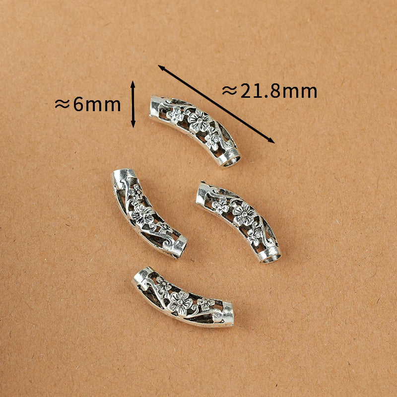 Tube Metal Beads Tibetan Hollowed-out Flower Pattern Vintage Silver Tone 20pcs 8