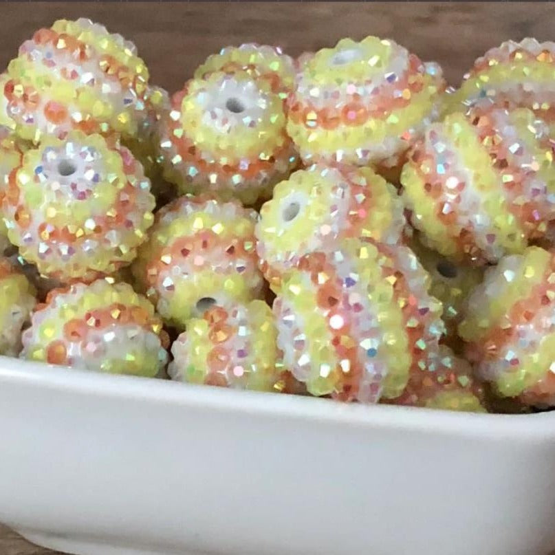 Rhinestone Bubblegum Beads 16-22mm Yellow Orange White Striped Resin 5pcs