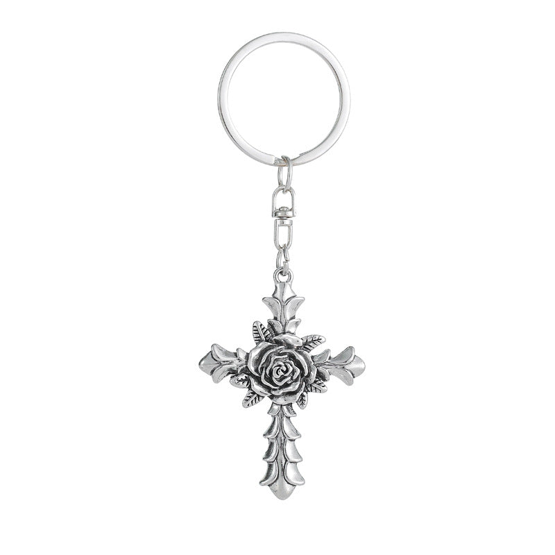 Rose Cross Keychain Metal Zinc Alloy Vintage Floral Design 5