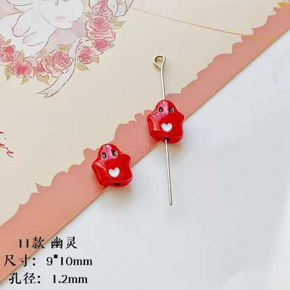 Christmas Painted Alloy Metal Beads Bright Red Glossy White 10pcs 13