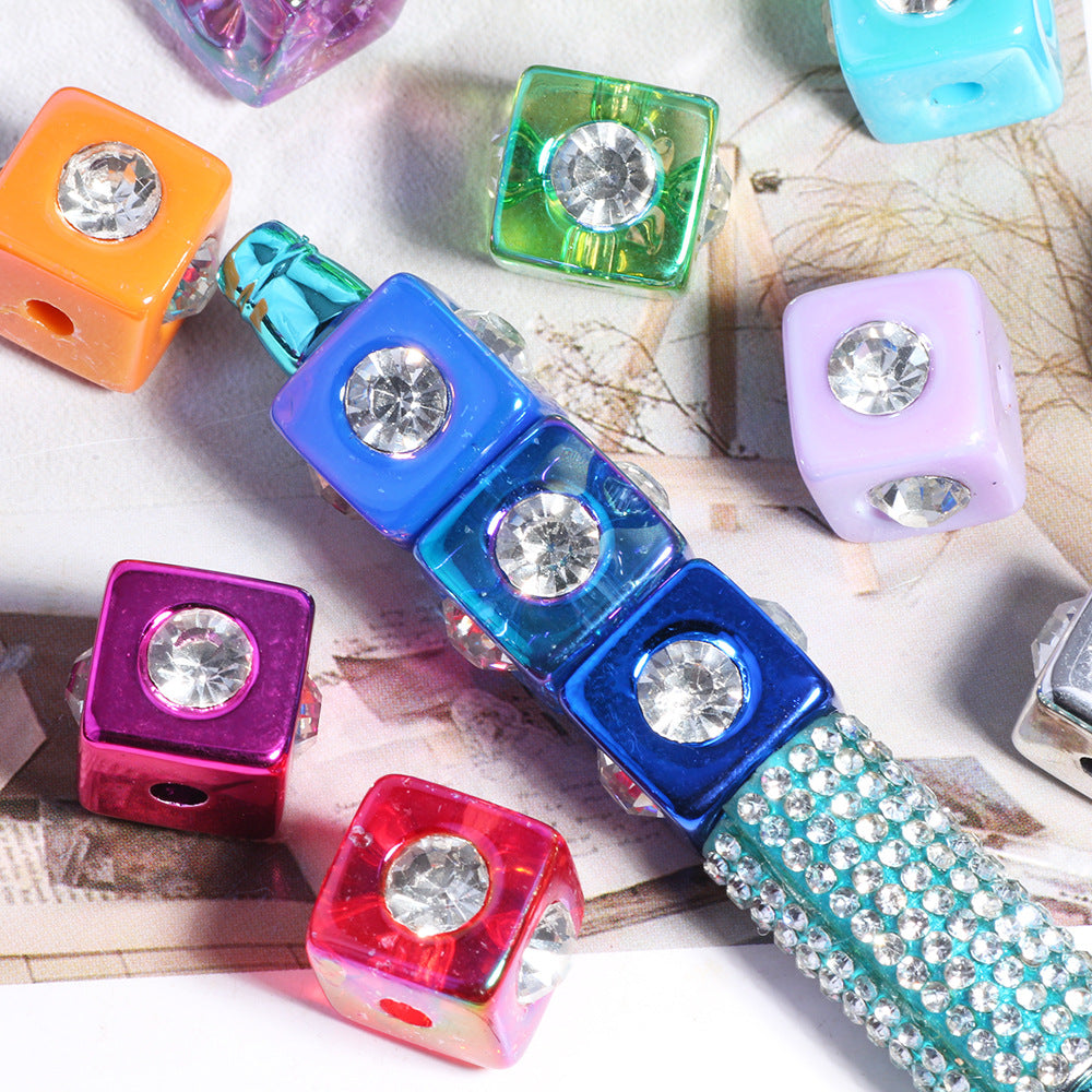 Rhinestone Inlaid Square Acrylic Beads 14mm Colorful Mixed 20pcs