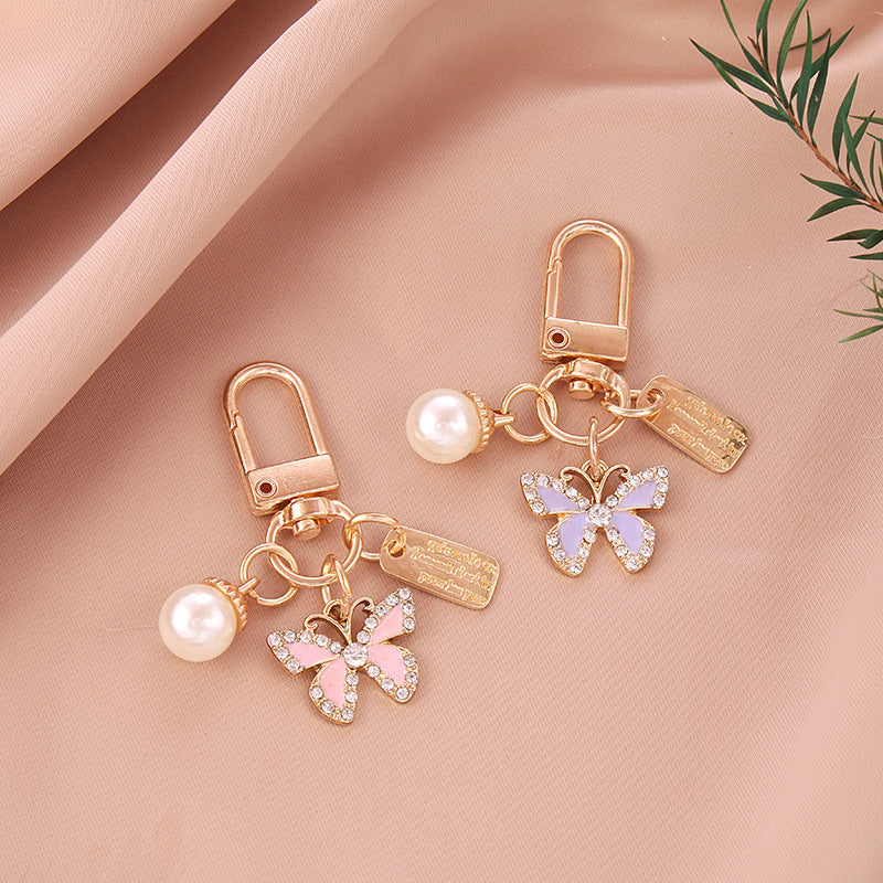 Alloy Butterfly Keychain Cartoon Pearl Crystal Accent Metal 4